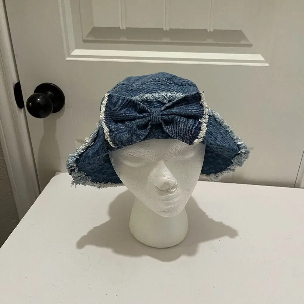 Toddler Girls Blue Denim Chambray Fray Bow Flip Up Bucket Hat Beach Y2K 2-4Y - Picture 2 of 8